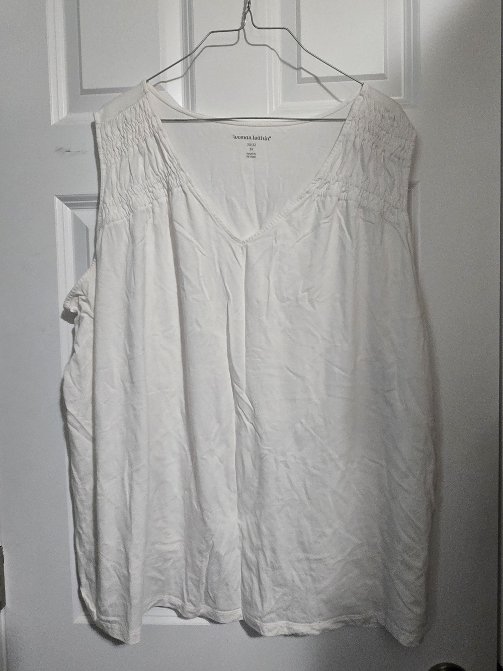 Woman Within White Smocked Shoulder V-Neck Tunic